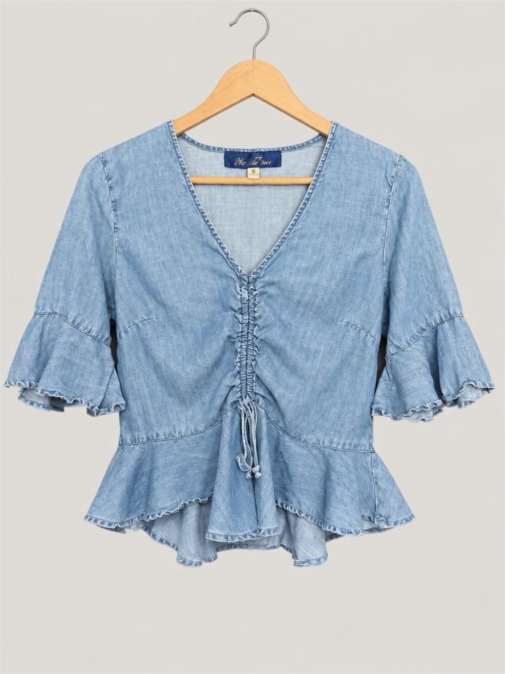 Blue Rain Light Blue Chambray Ruffle Tie-Front Peplum Top